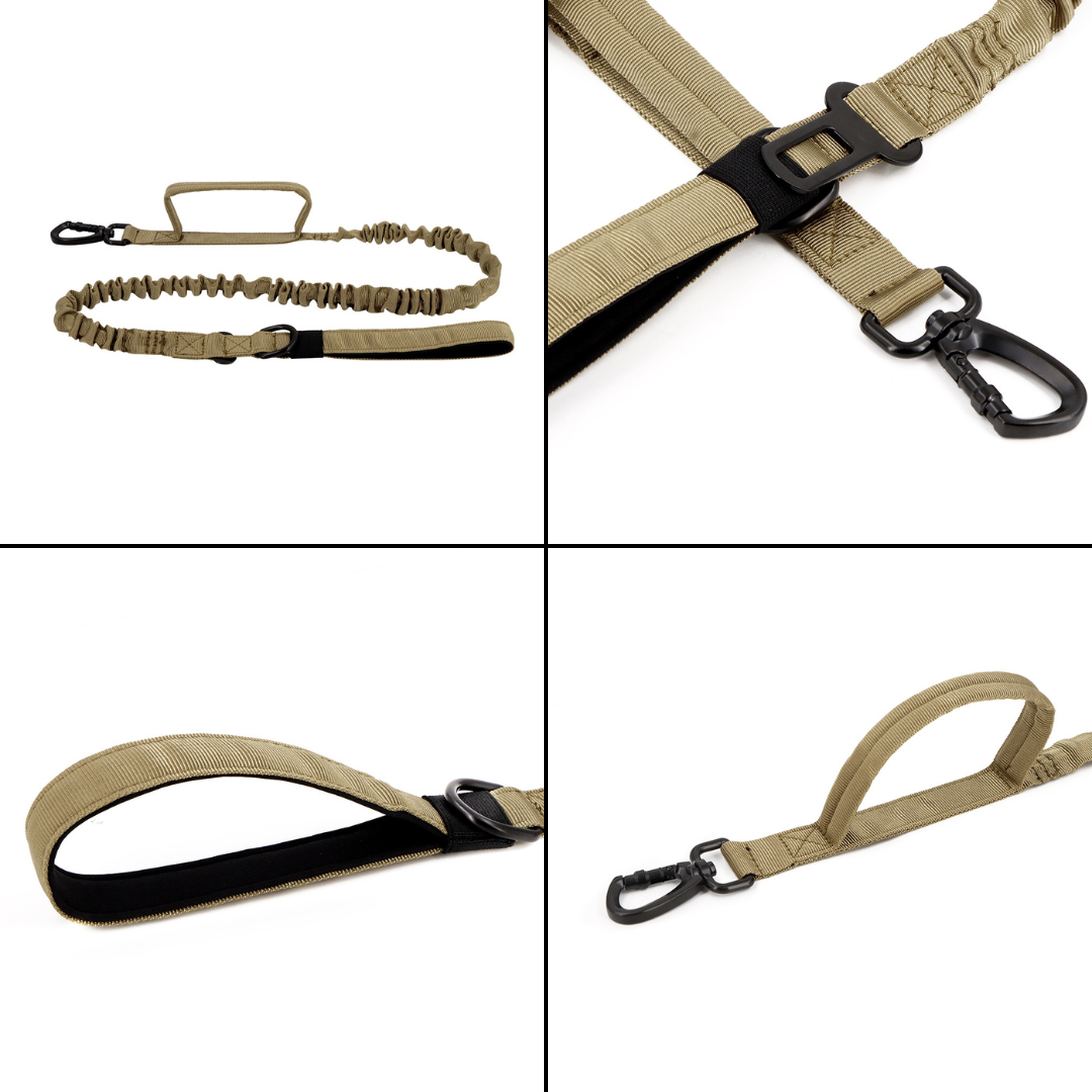 Heavy-Duty Double-Handle Tactical Bungee K9 Dog Leash with Padded Handles, Seatbelt Attachment, & Reinforced Swivel Clip
