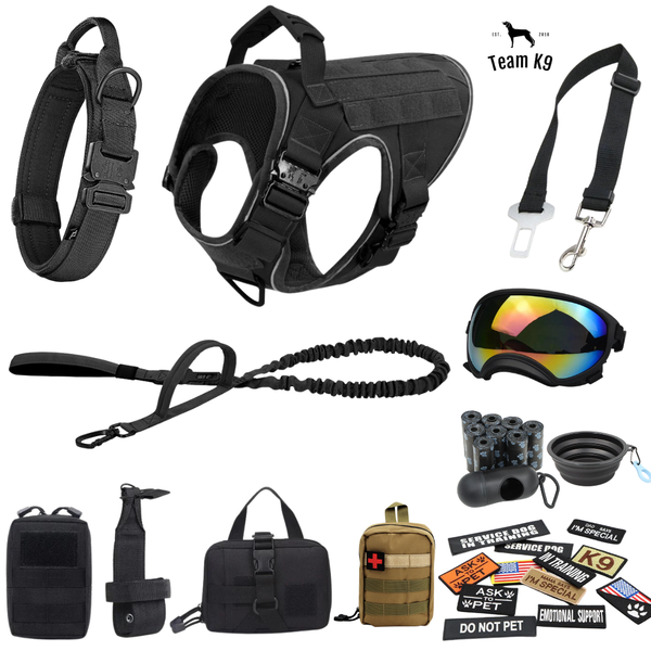 10-In-1 Tactical K9 Harness System - Full Set Dog Harness Bundle (Includes: Tactical No-Pull Dog Harness + Bungee Leash + Collar + MOLLE Pouches + First Aid Kit + 12 Hook & Loop Patches + Dog Goggles + Safety Belt + Travel Water Bowl + Dog Waste Bags)