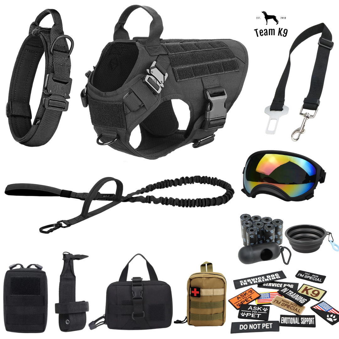 10-In-1 Tactical K9 Harness System - Full Set Dog Harness Bundle (Includes: Tactical No-Pull Dog Harness + Bungee Leash + Collar + MOLLE Pouches + First Aid Kit + 12 Hook & Loop Patches + Dog Goggles + Safety Belt + Travel Water Bowl + Dog Waste Bags)