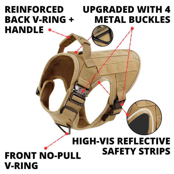 NEW Upgraded Tactical No-Pull Team K9™ Dog Harness with 4 Quick-Release Metal Buckles, Reinforced Front & Back D-Rings, Hook & Loop Panels, Adjustable Straps, Reflective Strips, & Top Handle