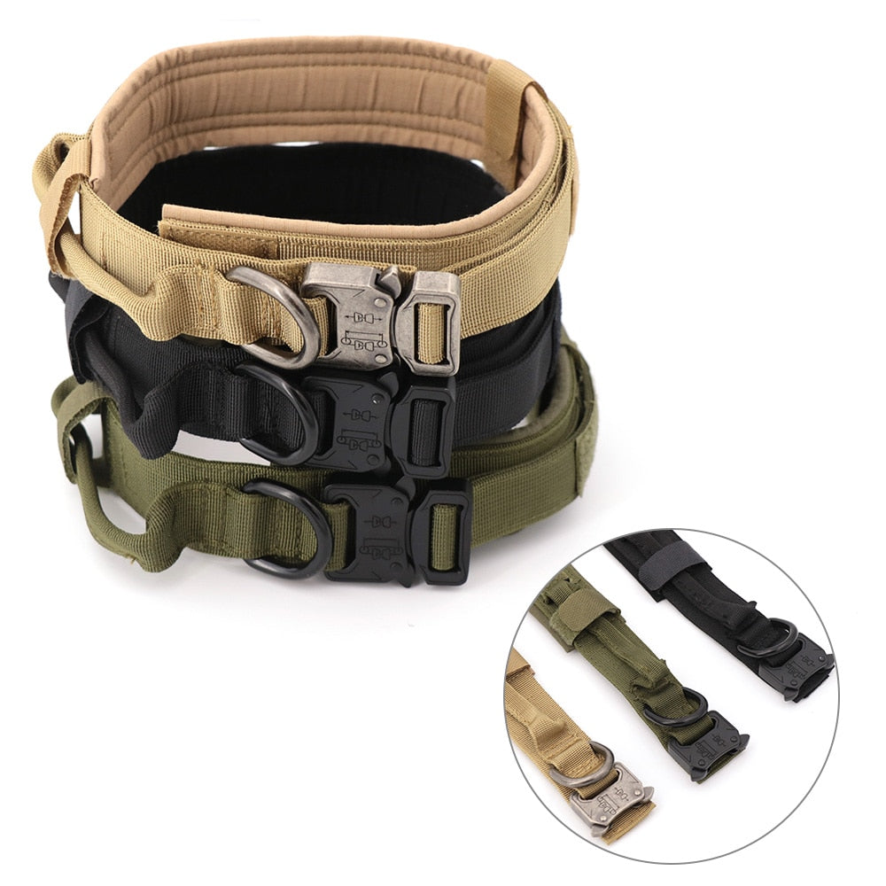 Metal-Buckle Tactical K9 Dog Collar With Hook & Loop Panel & Top Handle