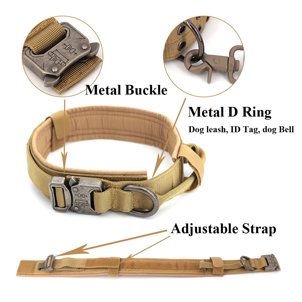 Metal-Buckle Tactical K9 Dog Collar With Hook & Loop Panel & Top Handle