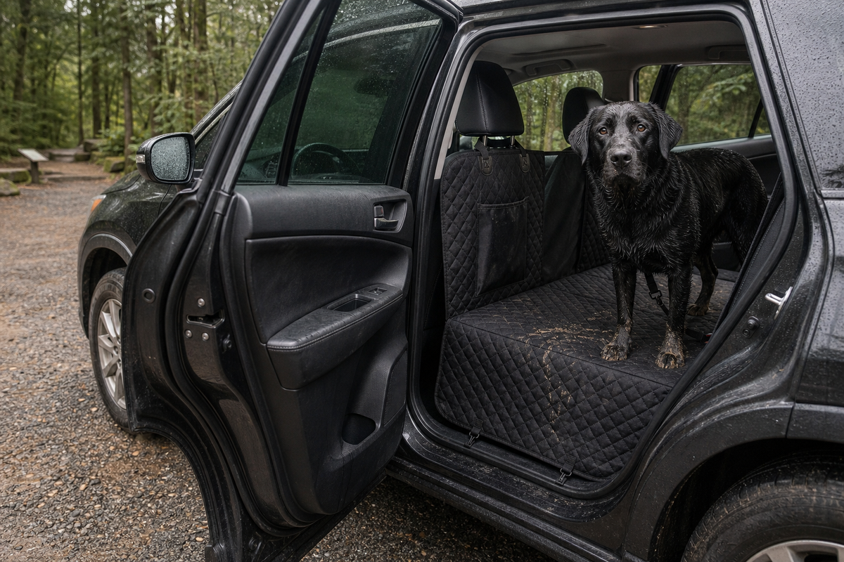 Wet black Labrador standing on the black Team K9 hard bottom seat cover at a rainy trailhead