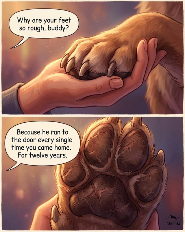 Comic: a hand holds an old dog's rough paw. The paws are rough because he ran to the door every time you came home, for twelve years.