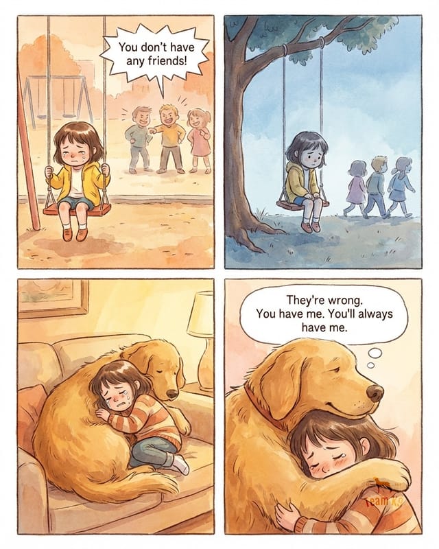 Comic: a kid sits alone on a swing. At home, her golden retriever hugs her: you'll always have me.