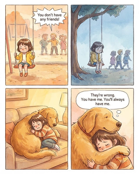 Comic: a kid sits alone on a swing. At home, her golden retriever hugs her: you'll always have me.