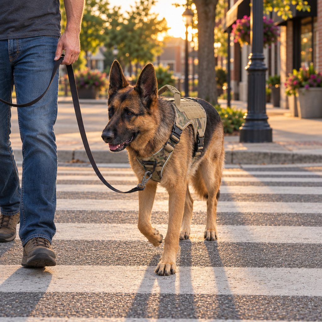 German Shepherd in a MultiCam Team K9 harness at a town crosswalk, with the leash clipped to the front V-ring