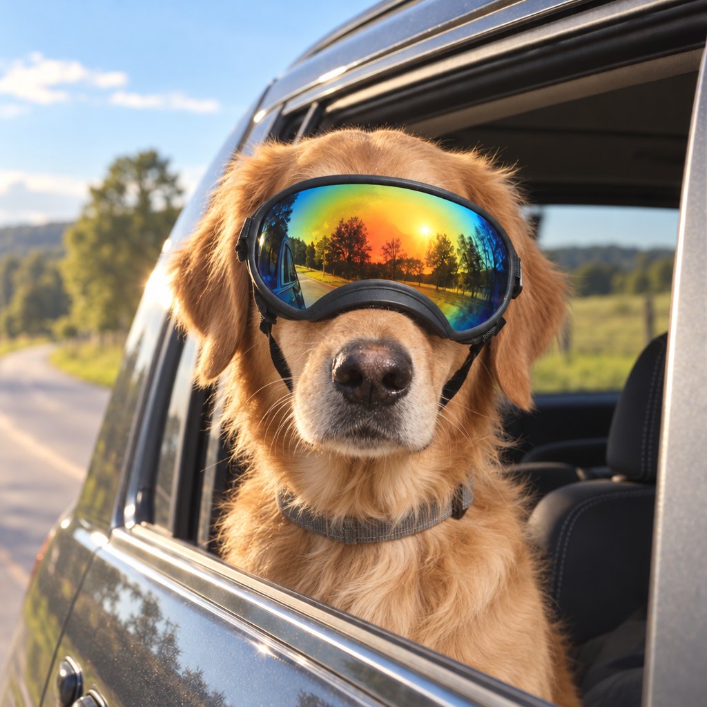 Golden Retriever wearing Team K9 Dog Goggles with its head out of an open car window on a country road
