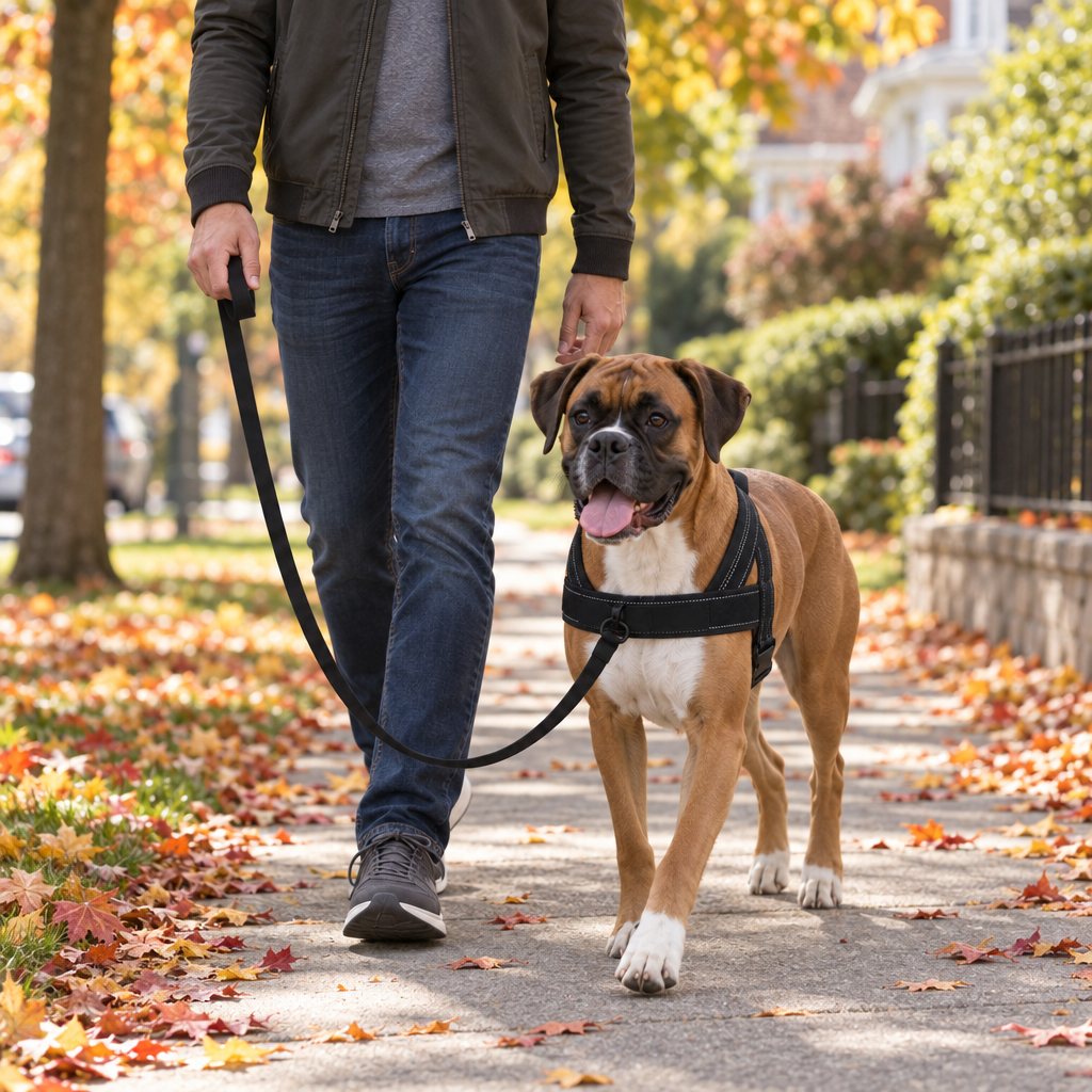 Boxer walking beside its owner with the leash clipped to the front ring of a K9 Black harness