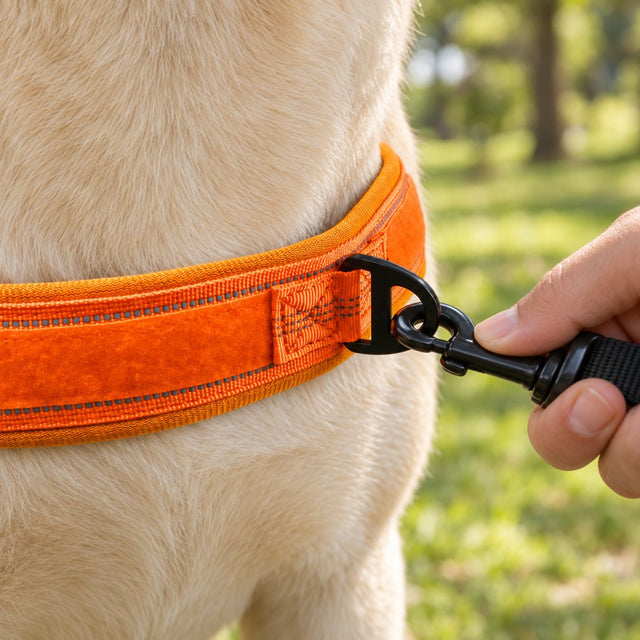 A hand clipping a leash onto the metal ring of a Blaze Orange lightweight harness, beside its box stitching