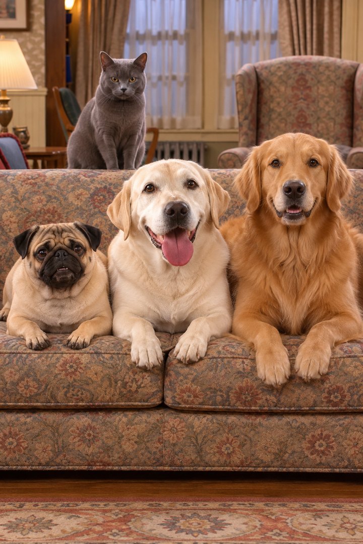 Chief, Champ and a guest star on the couch
