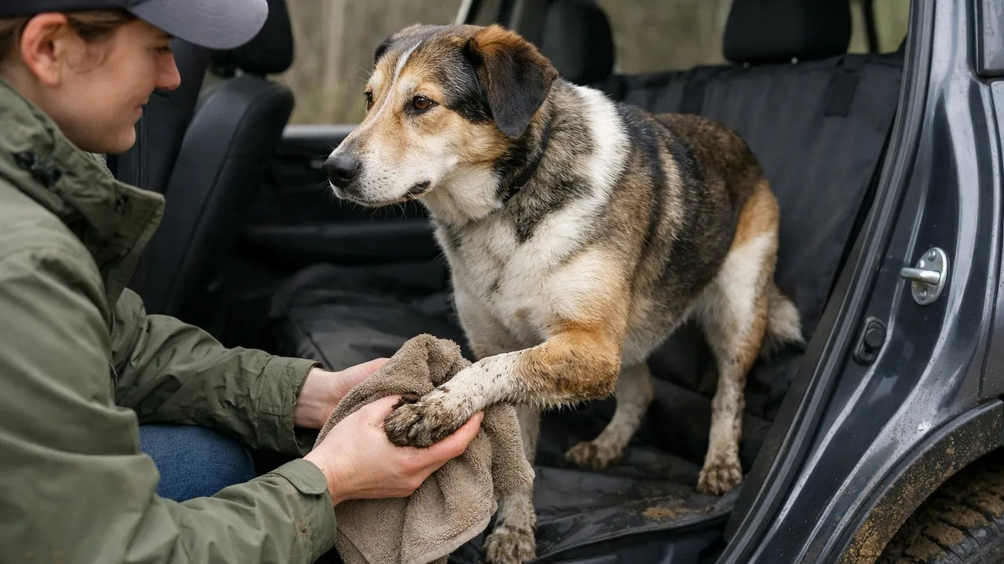 A dog standing in the back seat of a car while its muddy front paw is dried with a towel
