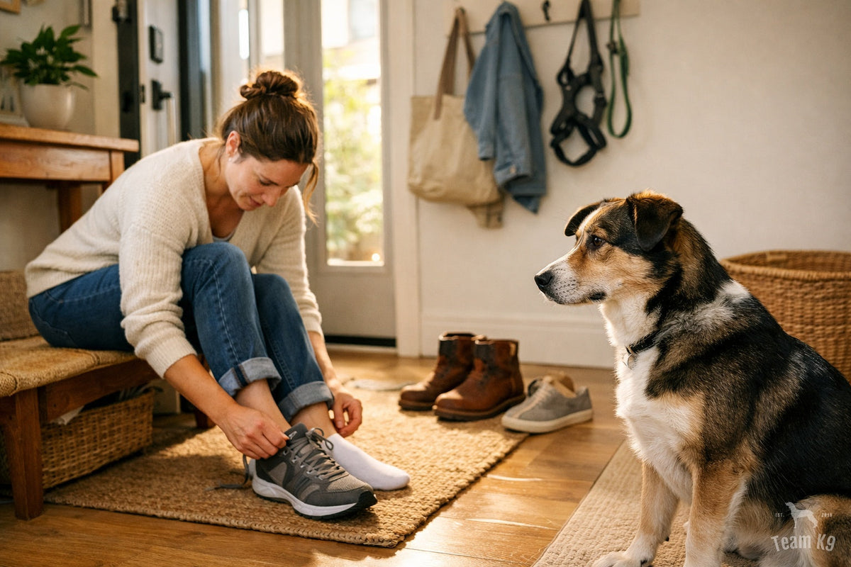 Dog quietly watching a dog owner change into walk shoes near the front door before the leash comes off the hook