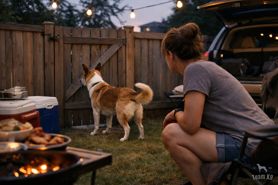 Dog owner watching a tan dog at a backyard gate beside coolers and an open SUV before evening fireworks start
