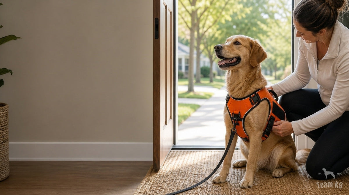 Dog in a Blaze Orange Team K9 all-metal tactical harness during a calm pre-walk doorway setup
