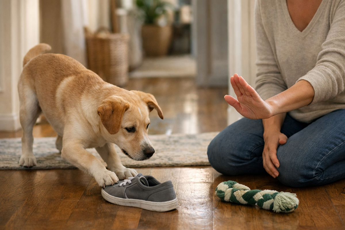 Owner calmly redirecting a dog away from a household item before scolding