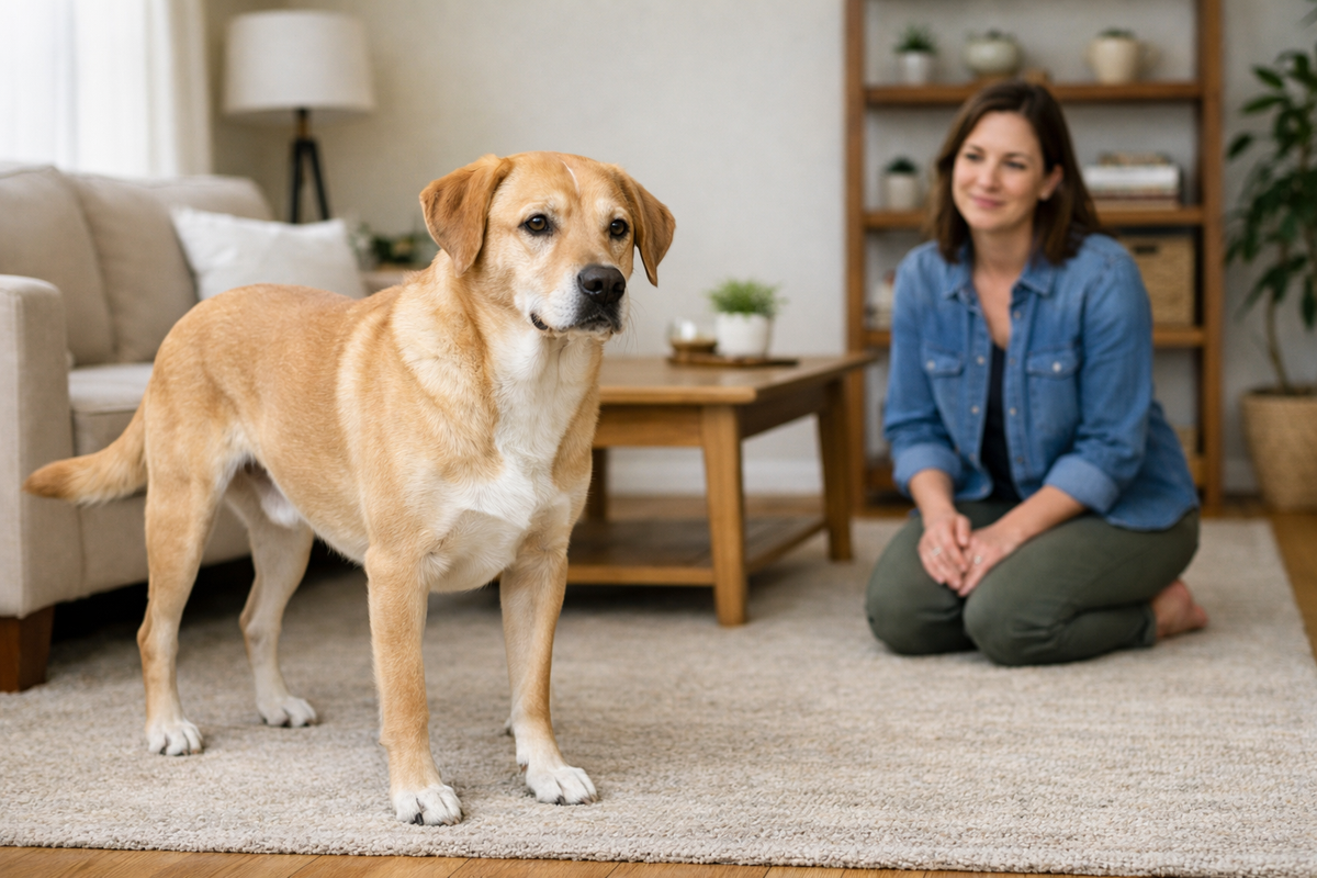 Owner kneeling several feet from a calm dog while observing relaxed body language