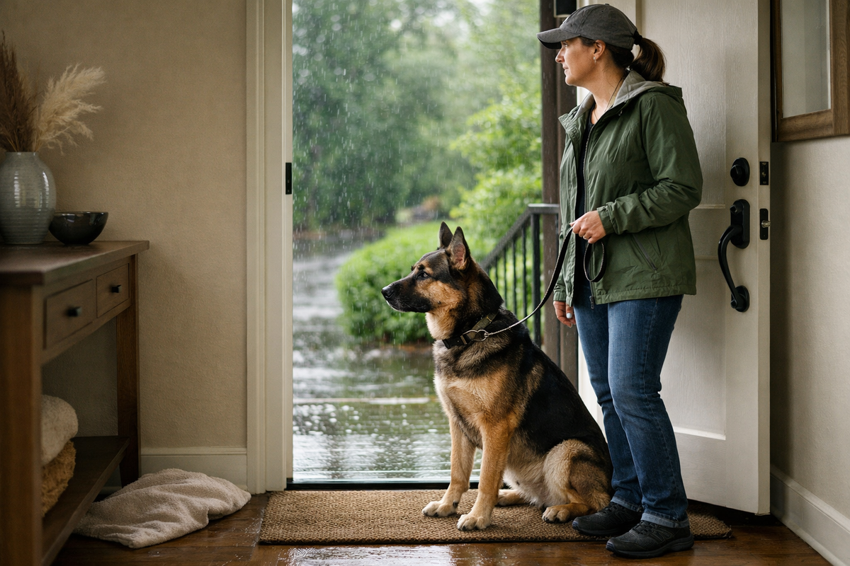 Owner checking rainy weather before walking a calm dog from the entryway