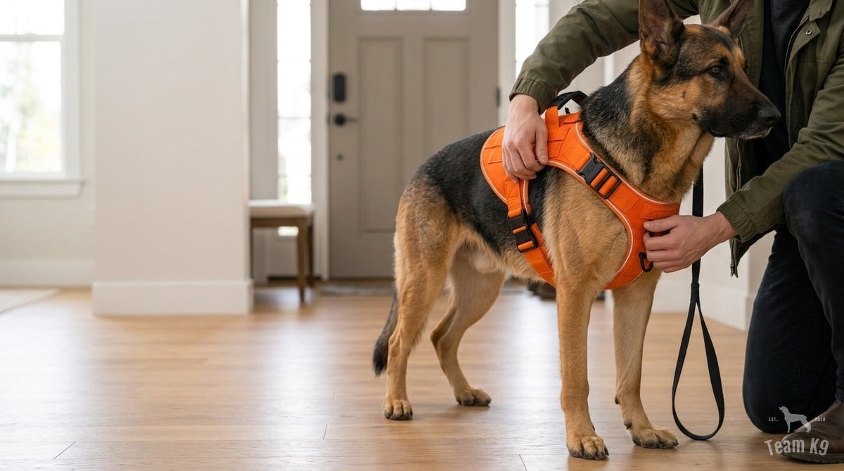 Owner checking the fit of a Blaze Orange Team K9 all-metal tactical harness before a walk