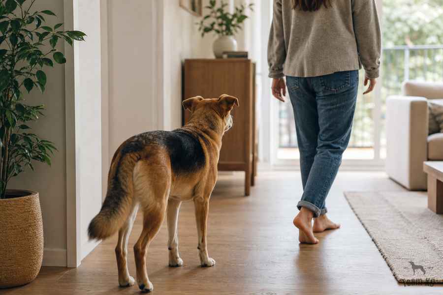 Golden retriever quietly following its owner through a warm home hallway while looking for reassurance
