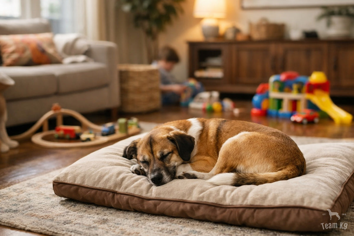 Calm family dog resting on a designated spot in a bright family room while children's toys sit in the background