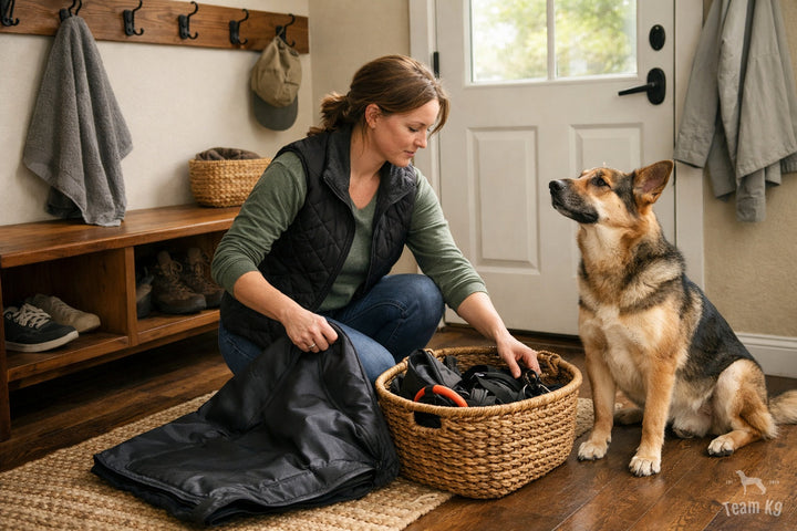 Dog owner resetting leash, towel, and car gear in an organized entryway while a calm dog waits nearby
