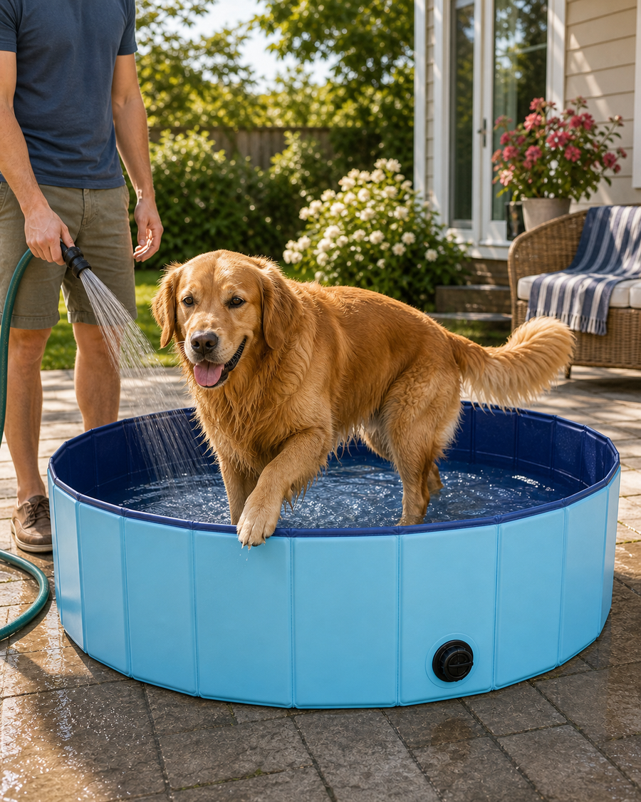 Golden retriever stepping into a Team K9 dog pool in a backyard as a cooling alternative on a warm day