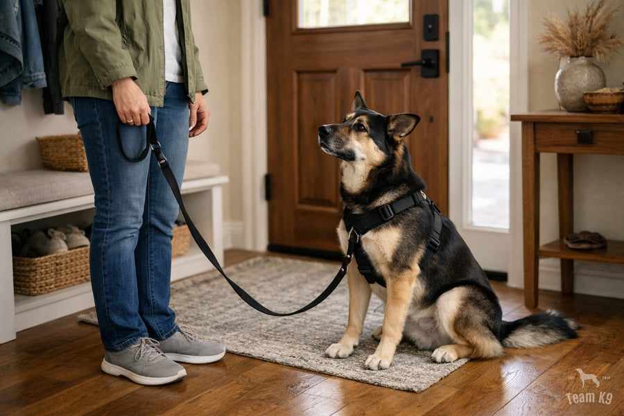 Dog sitting calmly on a rug near the front door while the owner holds a loose leash before a walk begins