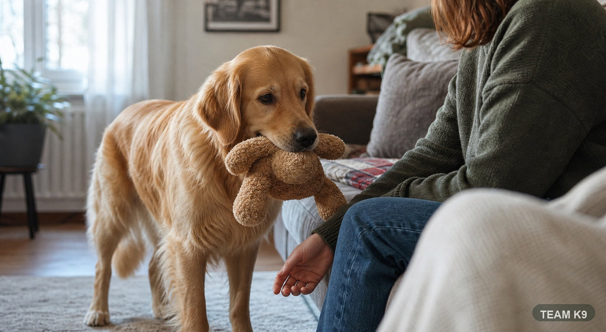 A dog brings a favorite plush toy to a quiet seated person and stays close