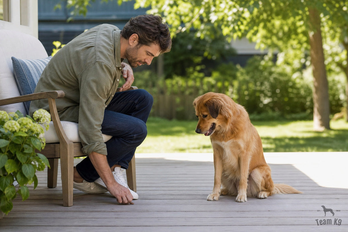 Dog owner setting a treat beside a porch chair while a calm golden dog watches from a deck