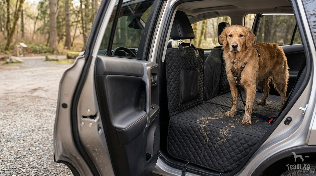 Dog standing on a black Team K9 hard-bottom car seat cover after a muddy park stop