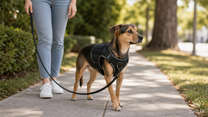 Dog walking on a loose leash in a K9 Black Team K9 all-metal tactical harness