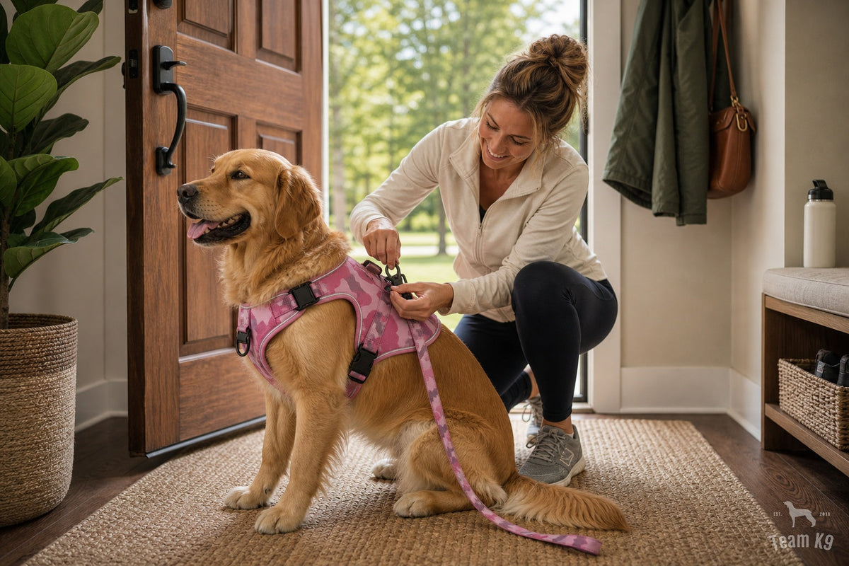 Dog wearing a Pink Camo Team K9 all-metal tactical harness during a calm harness setup