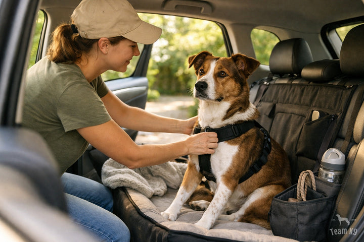 Dog owner helping a medium-size dog settle into an organized backseat ride before the drive starts