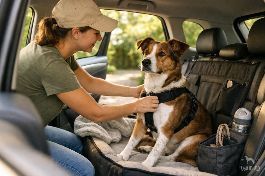 Dog owner helping a medium-size dog settle into an organized backseat ride before the drive starts