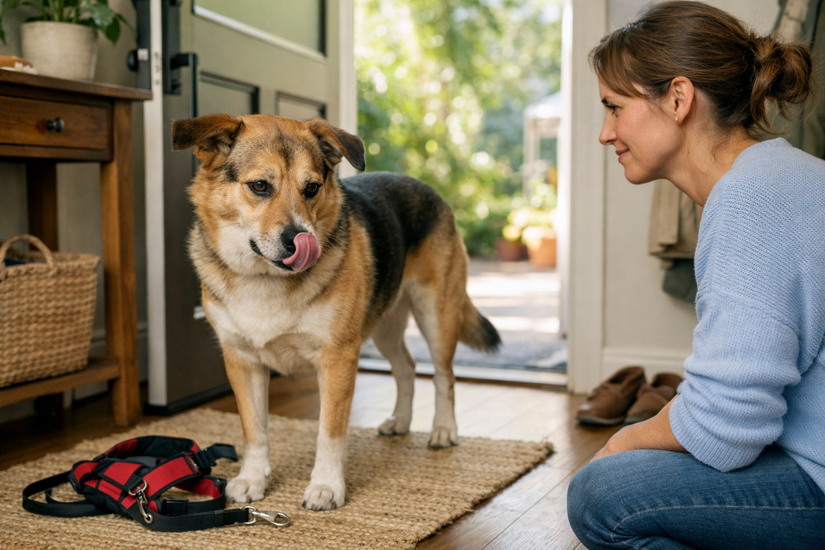 Owner staying calm beside a dog at the doorway before barking escalates