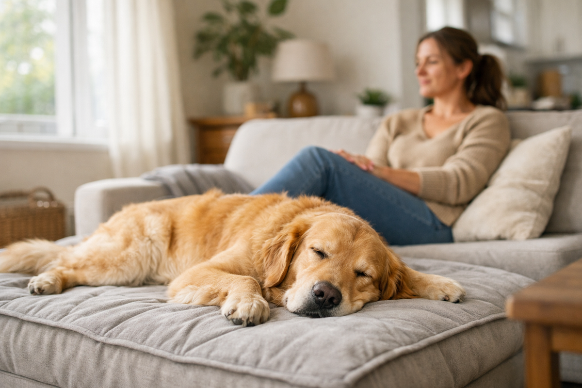 Calm golden retriever resting in a bright living room after an indoor reset