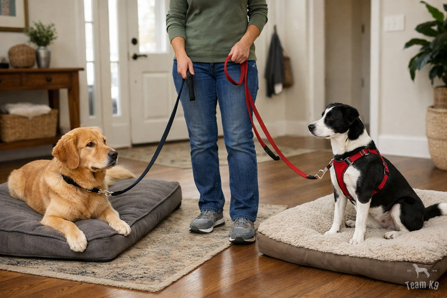 Two dogs resting on separate beds in a bright entryway while one handler calmly manages both leashes during an early supervised introduction