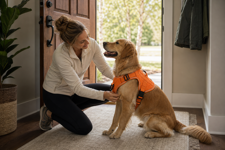 Owner checking the fit of a Team K9 tactical dog harness before choosing a leash attachment point
