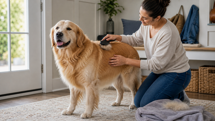 Owner brushing a golden dog in a bright home entryway as part of a coat-care routine