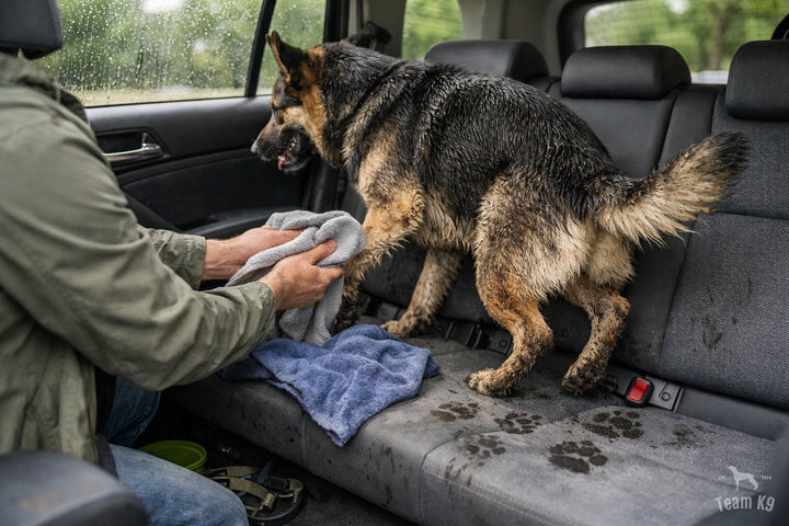 Muddy shepherd mix standing on a wet SUV back seat while the owner starts a towel cleanup after a rainy walk