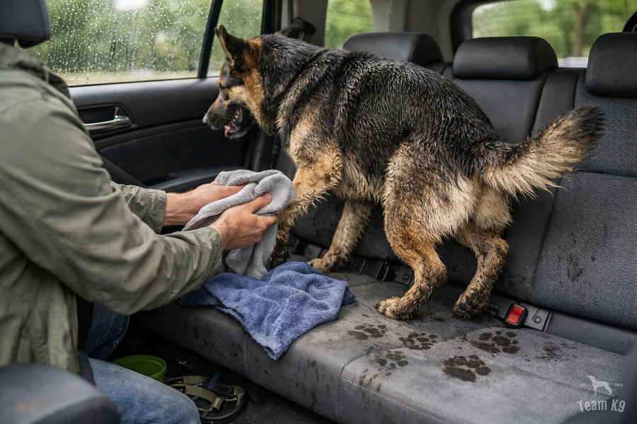 Muddy shepherd mix standing on a wet SUV back seat while the owner starts a towel cleanup after a rainy walk