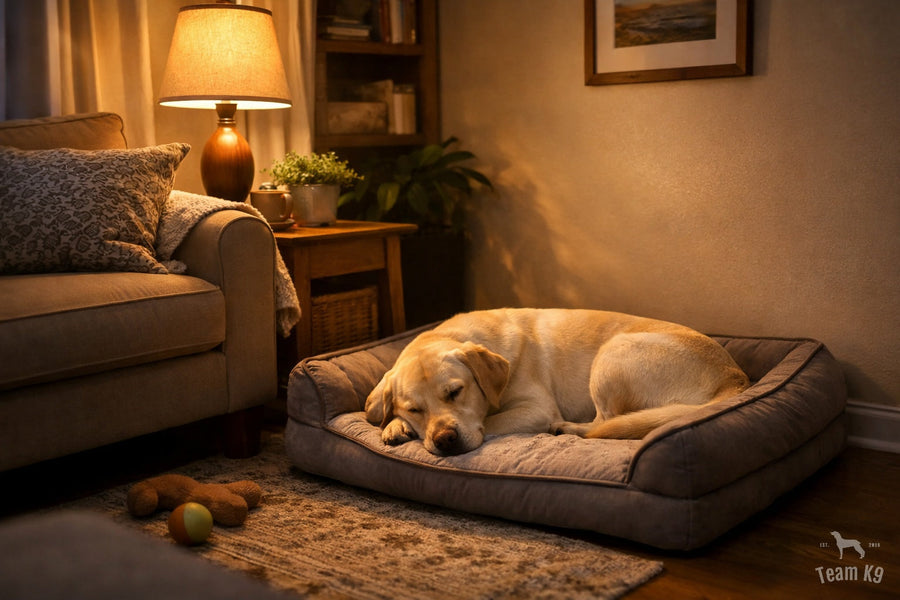 Yellow lab resting on a padded dog bed beside a couch in a dim, quiet living room at bedtime