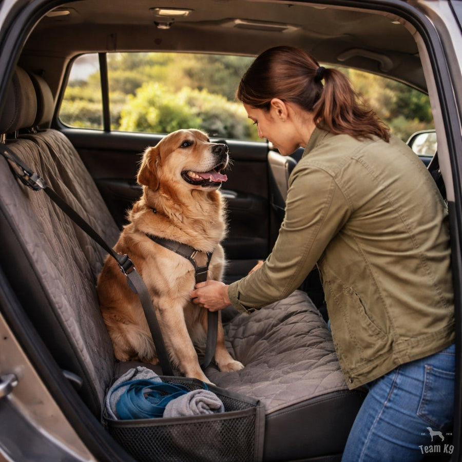 Dog owner clipping a golden retriever into a back seat setup before a car ride begins