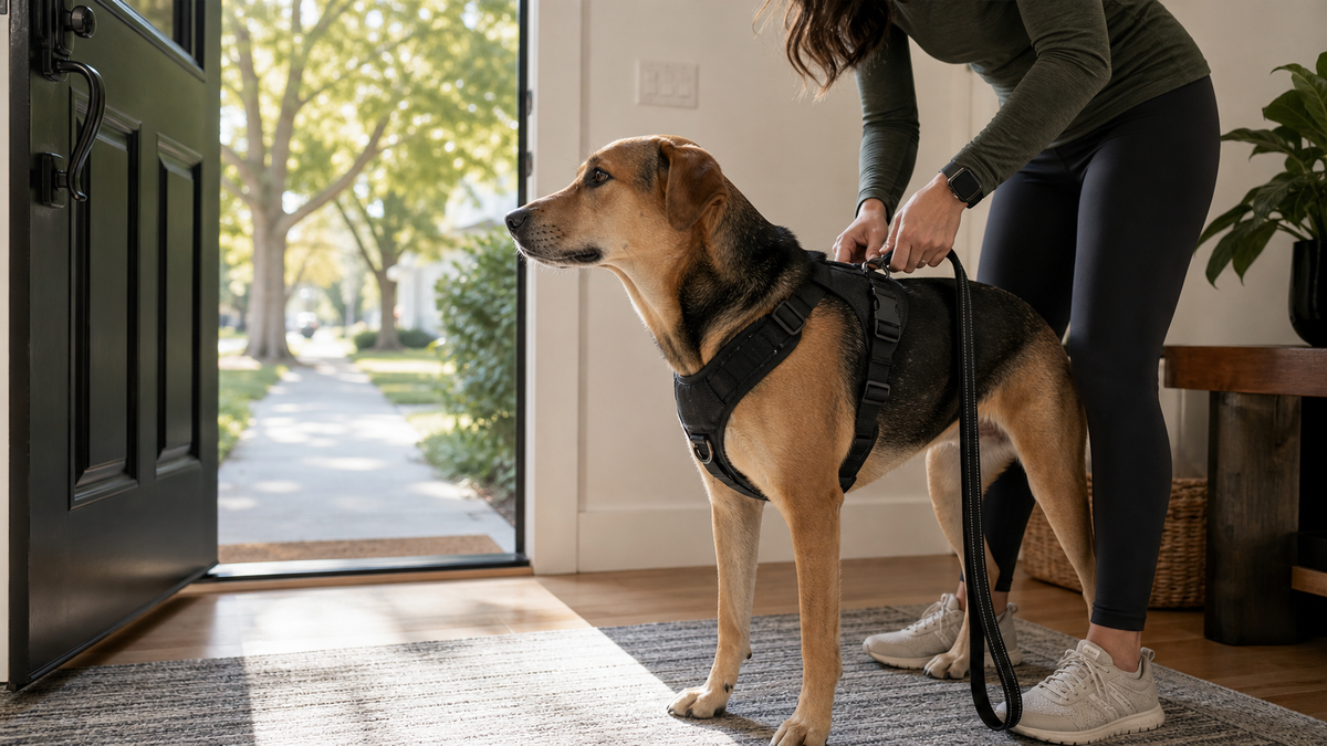 Dog wearing a Team K9 harness during a calm pre-walk setup