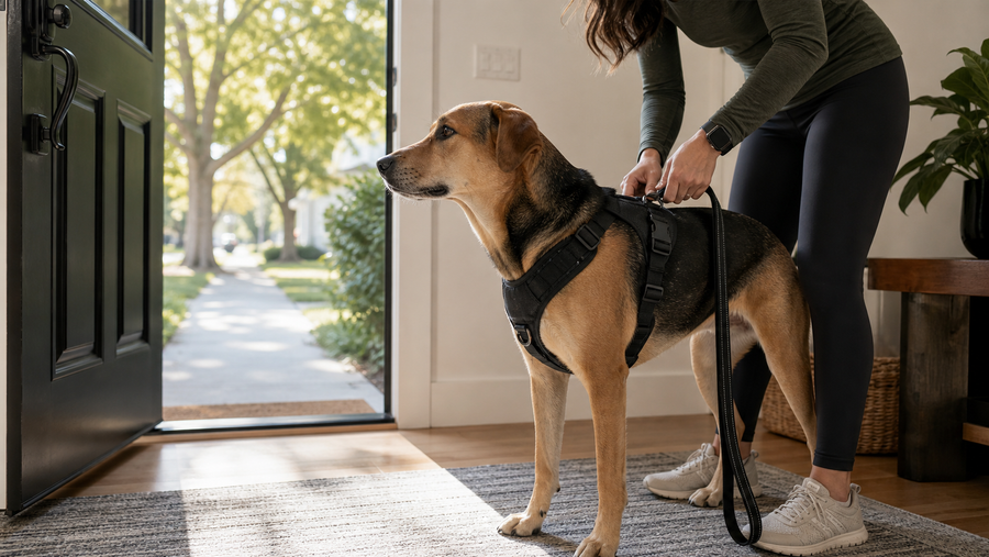 Dog wearing a Team K9 harness during a calm pre-walk setup