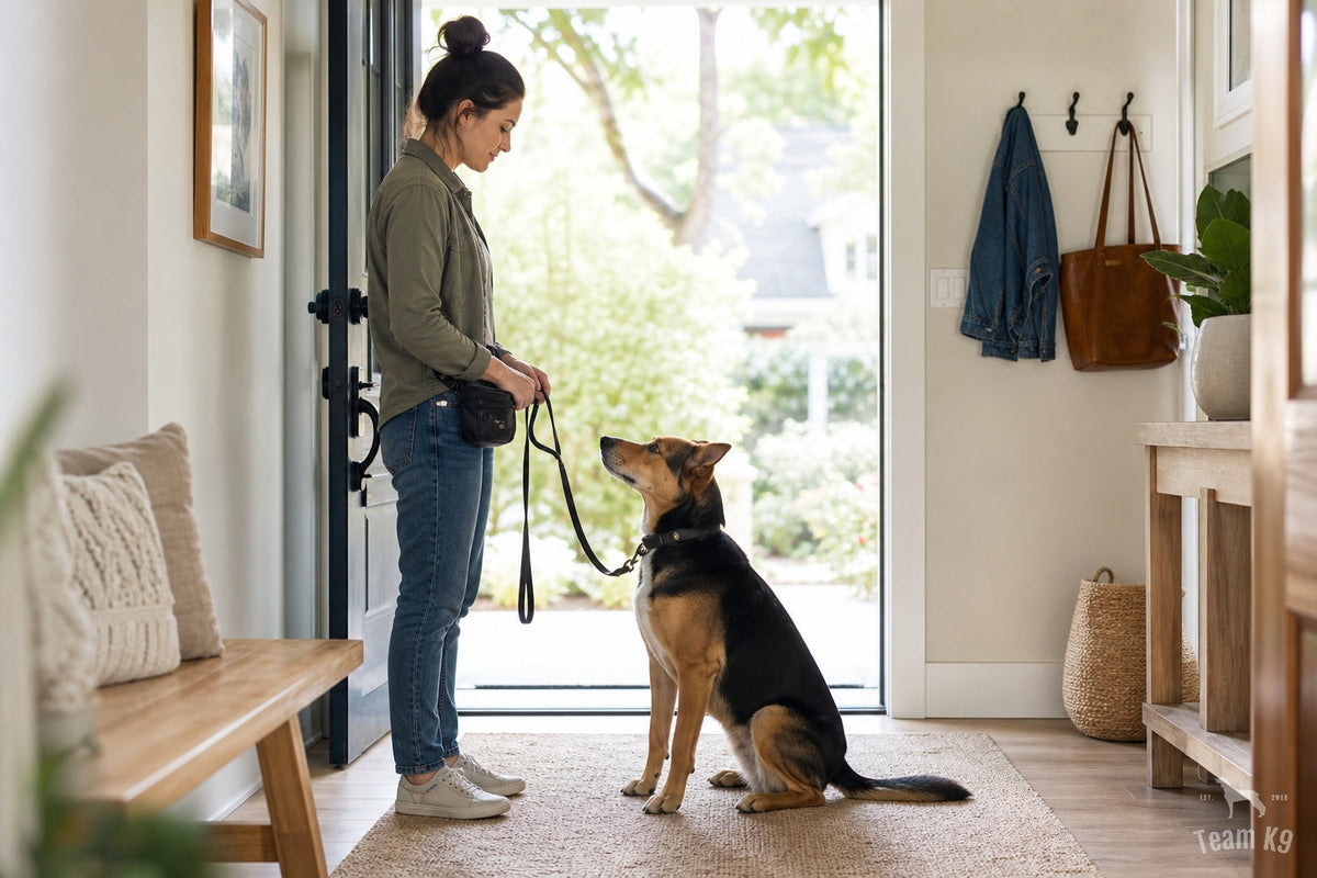 Dog calmly checking in with its handler at the doorway before a structured walk