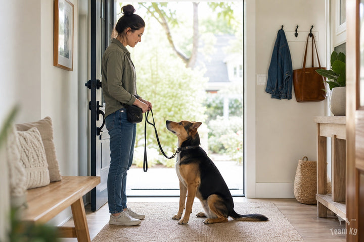 Dog calmly checking in with its handler at the doorway before a structured walk