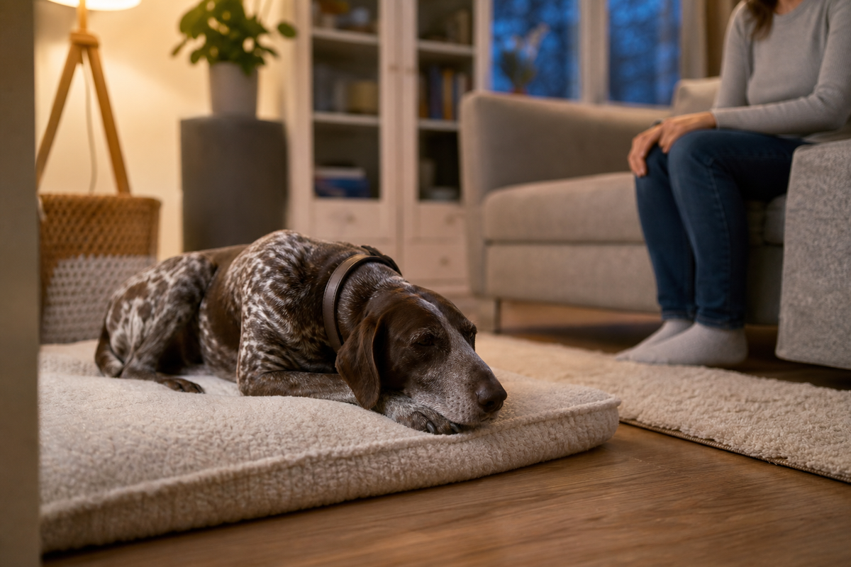 Calm dog settled on a padded resting spot in a warm living room while its owner sits nearby