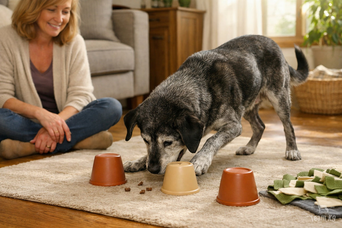 Gray-faced senior dog playing a simple cup treat-search game on a living room rug while its owner watches nearby